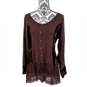 Soft Surroundings Brown Lace Embroidered Velvet Tunic Top Boho Romantic M